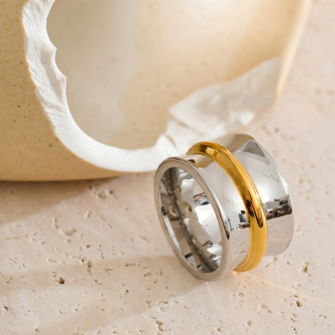 Wide Two-Tone Stainless Steel Ring